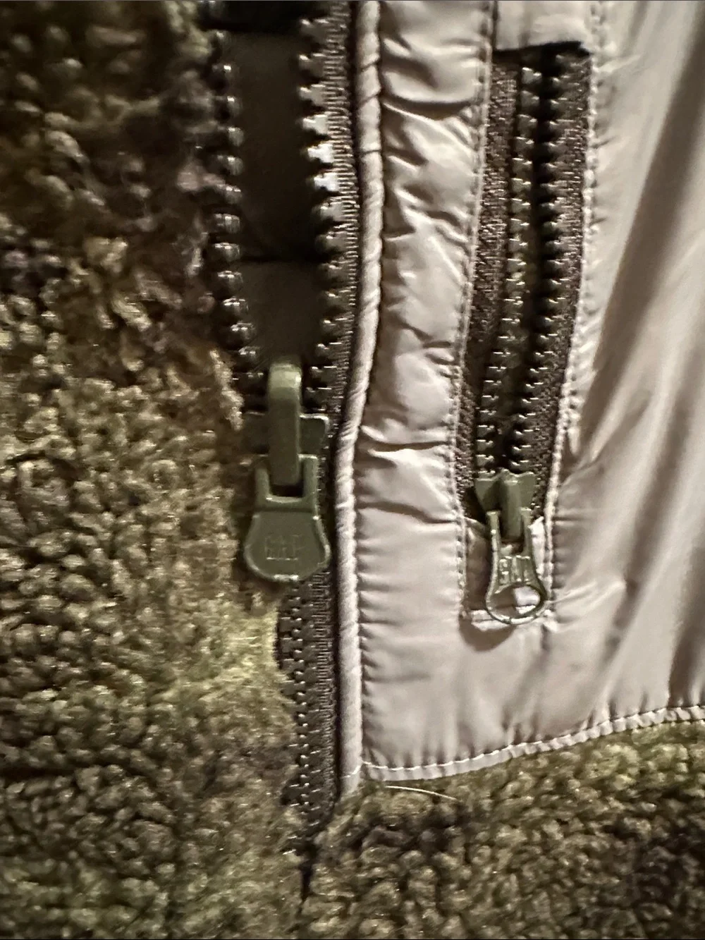 GAP Olive Green Sherpa Puffer Jacket with Gray Trim
